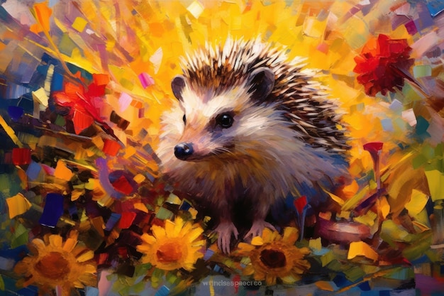 Erizo hecho de pintura al óleo arte moderno con girasol IA generativa