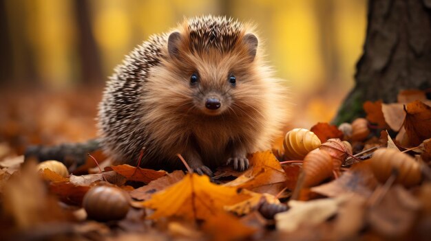 un erizo en las hojas de otoño