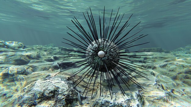 Erizo de mar negro con largas espinas en el fondo marino El erizo de mar es un equinodermo esférico espinoso que vive en el fondo del océano