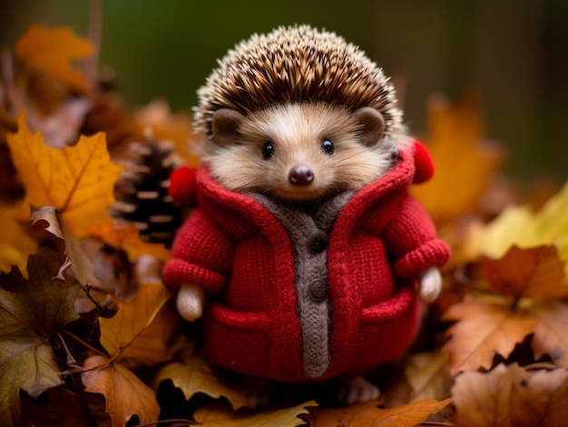 un erizo con un suéter rojo en las hojas de otoño