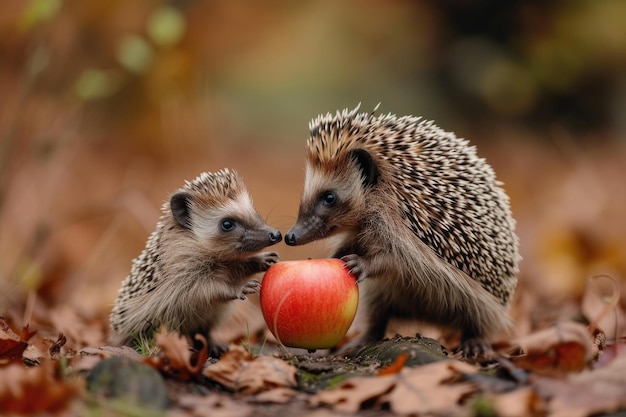 Un erizo se para en sus patas traseras sosteniendo una manzana para la Sra. Erizo