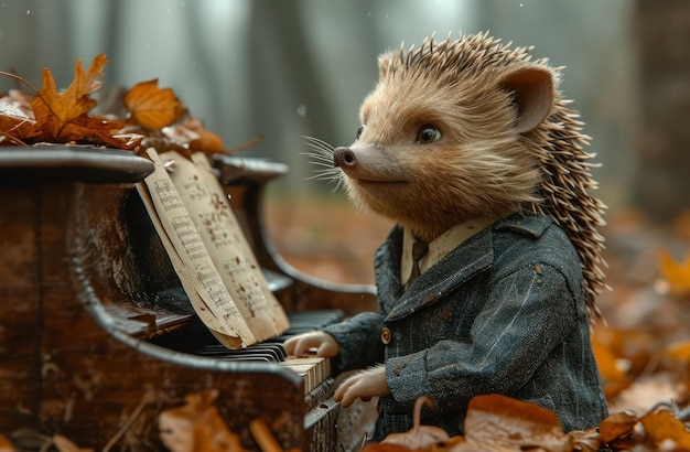 El erizo toca el piano en el bosque