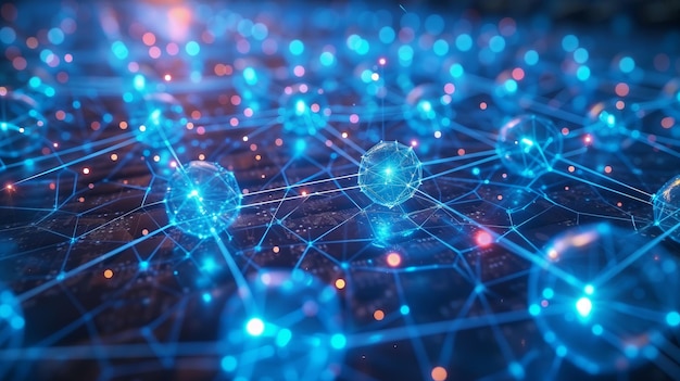 Erleben Sie das dynamische Zusammenspiel blauer Farbtöne, die die komplizierte Netzwerkverbindung symbolisieren, die für KI-Algorithmen, Quantencomputing und nahtlose Kommunikation von entscheidender Bedeutung ist.