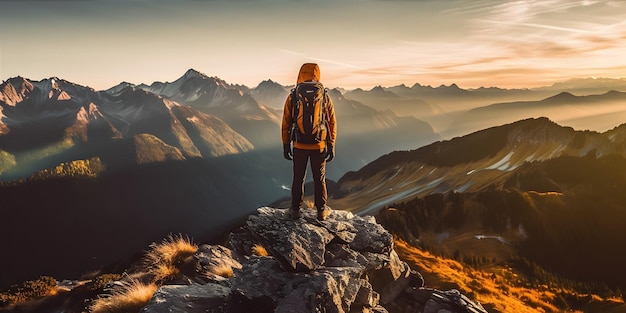 Erleben Sie den Nervenkitzel des Abenteuers mit dieser atemberaubenden Aufnahme eines Solowanderers, der bei Sonnenuntergang einen schroffen Berggipfel bezwingt. Generative KI