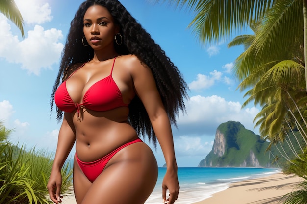 Erleben Sie den Zauber eines tropischen Rückzugsortes durch eine bezaubernde schwarze Frau im Bikini
