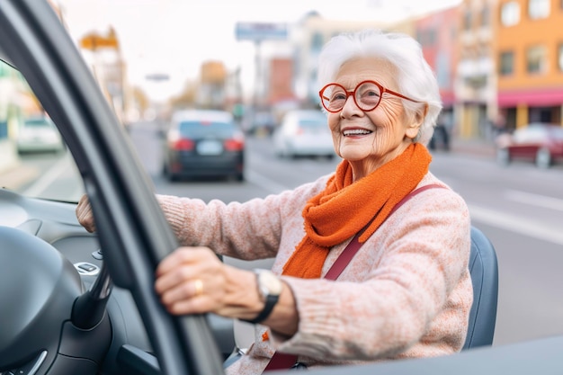 Foto erleben sie die freiheit einer älteren seniorin, die ihr eigenes auto fährt. ai generated