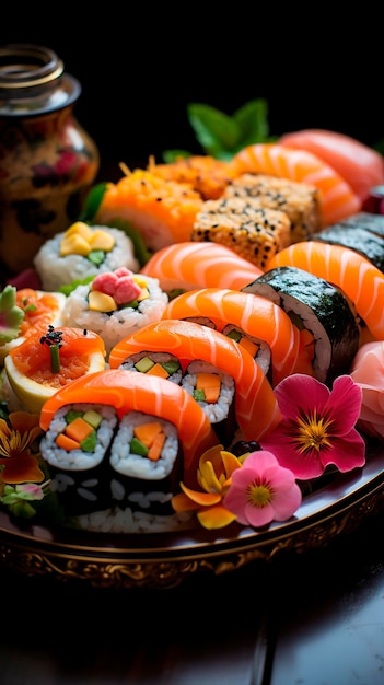 Erleben Sie die Kunst der kulinarischen Perfektion mit dieser köstlichen Ausstellung von japanischen Rollen und Sushi auf einem fesselnden dunklen Hintergrund, den Ai generiert hat.