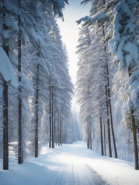 Erleben Sie die ruhige Schönheit eines verschneiten Waldes, während Sie eine leere Straße entlangfahren