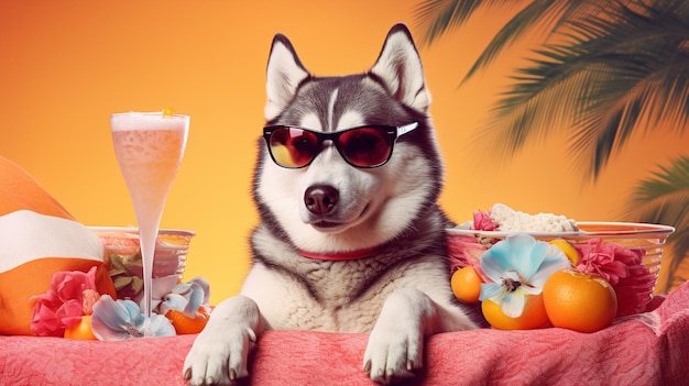 Erleben Sie die ultimative Entspannung mit unserem vierbeinigen Freund, dem Siberian Husky, während er sich auf einem Strandtuch zurücklehnt, eine stilvolle Sonnenbrille trägt und an einem erfrischenden tropischen Getränk nippt