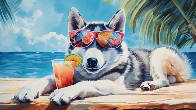 Erleben Sie die ultimative Entspannung mit unserem vierbeinigen Freund, dem Siberian Husky, während er sich auf einem Strandtuch zurücklehnt, eine stilvolle Sonnenbrille trägt und an einem erfrischenden tropischen Getränk nippt