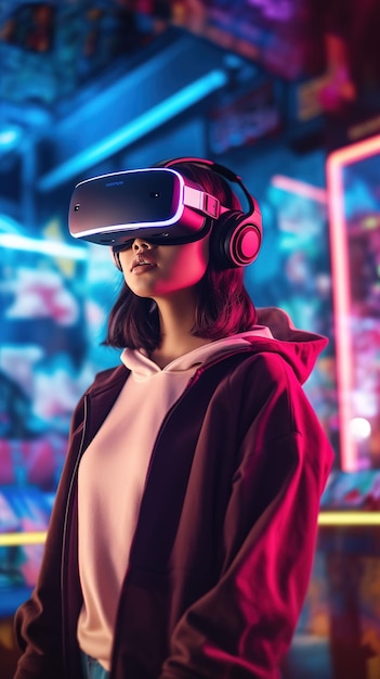 Erleben Sie ein immersives Virtual-Reality-Erlebnis für ein asiatisches Mädchen im lebendigen Game Center mit einem VR-Headset