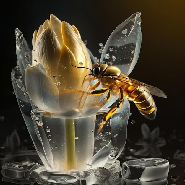 Erleuchtete Eislilie und goldene Biene im Flug und Ruhe generative KI
