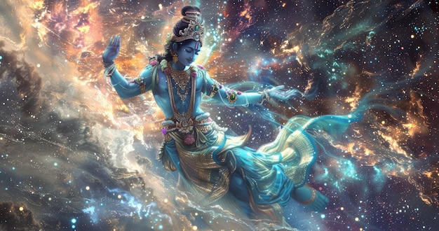 Erleuchteter Gott Vishnu fliegt in der Galaxie