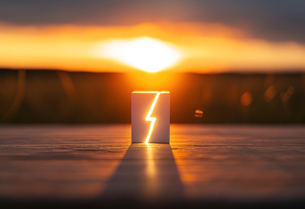Erleuchtetes Strom-Symbol auf einer Batterie gegen einen atemberaubenden Sonnenuntergang-Hintergrund, der symbolisiert.