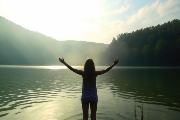 Foto ermächtigte junge frau, die die natur am see umarmt generative ki