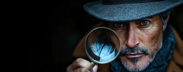 Foto ermittler mann detektiv in hut sieht durch eine lupe auf schwarzem hintergrund