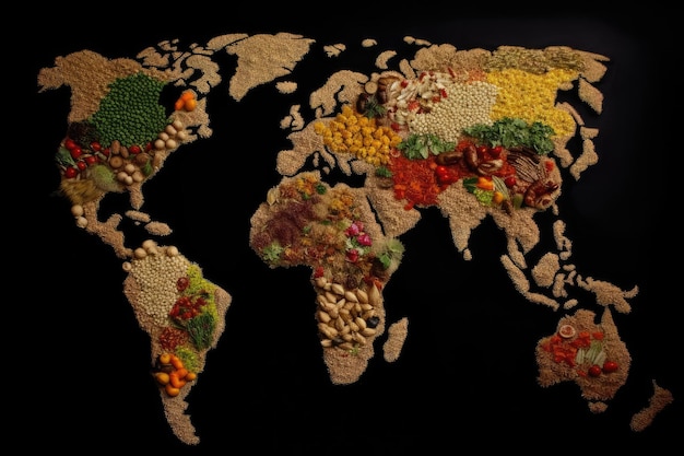 Ernährung der Welt nachhaltig wie kann die Welt in Zukunft ernährt werden Weltkarte aus verschiedenen Nahrungsmitteln KI generative