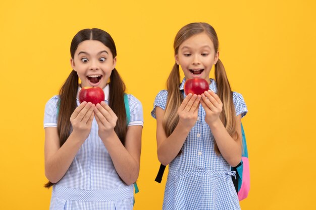 Ernährung für Kinder. Überraschte Kinder halten Äpfel. Ernährung in der Schule. Ernährungserziehung. Vegetarische Diät. Gesundes Essen. Zurück zum Schulsnack.