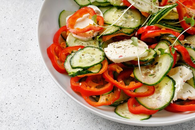 Ernährung gesund Geschnittener Salat mit Feta-Käse-Gurken-Paprikaschoten auf weißem Teller