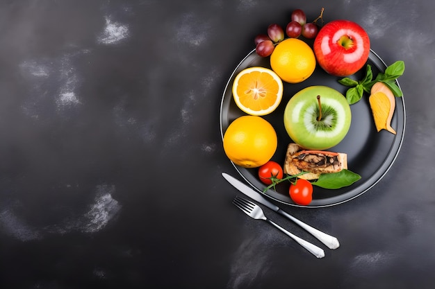 Ernährungskonzept Zusammensetzung gesunder Lebensmittel auf einem Teller AI generiert