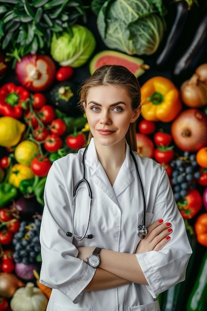 Foto ernährungswissenschaftlerin berät patienten mit gesundem obst und gemüse generative ki