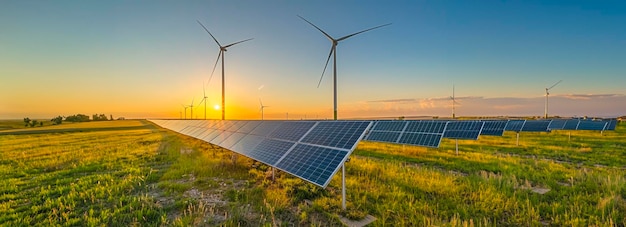 Erneuerbare Energie Harmonie Atemberaubender Sonnenaufgang Sonnenuntergang Aufnahme von Solarpanelen und Windturbinen in einer ausgedehnten Landschaft