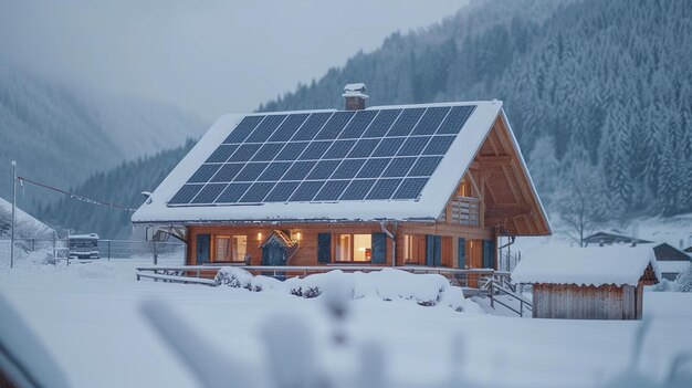 erneuerbare Energie im Winter schneebedeckte Sonnenzellen auf dem Dach