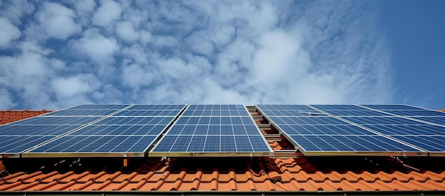 Erneuerbare Energie-Konzept Sonnenkollektoren auf einem Hausdach blauer Himmel mit Wolken umweltfreundliche Stromerzeugung KI