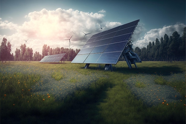 erneuerbarer energienhintergrund mit photovoltaikenergie große sonnenkollektoren im sonnenblumenfeld