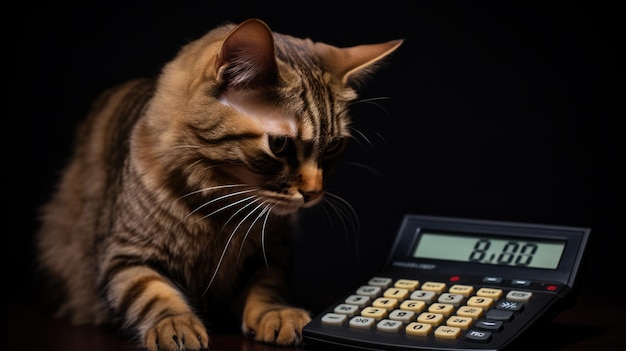 Ernsthafte Katze in Form eines Buchhalters, der mit einem Taschenrechner an einem Schreibtisch sitzt