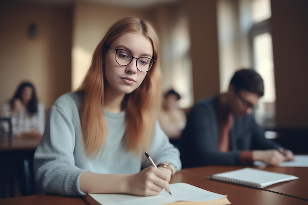 Ernsthafte Studentin schreibt in Notizbuch, während sie im Klassenzimmer am Tisch sitzt Generative KI