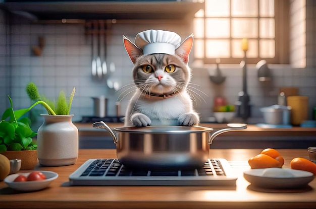 Ernsthafte und hübsche Kochkatze bereitet Essen in der Küche vor