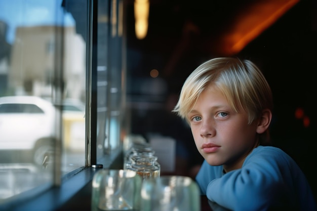 Ernsthafter blonder Junge, der aus dem Fenster auf die Straße blickt Generative KI