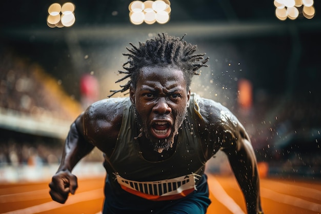 Foto ernsthafter männlicher athlet, der während des events im stadion schreit