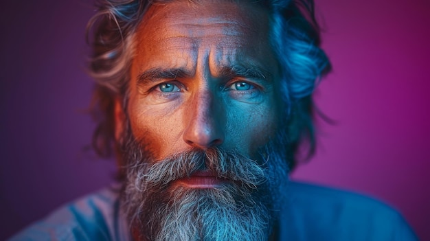 Ernsthafter Mann mittleren Alters mit Bart auf lila Hintergrund Generative KI