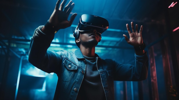 Ernsthafter schwarzer Mann berührt großen Bildschirm, während er die virtuelle Realität in einem modernen Headset erkundet