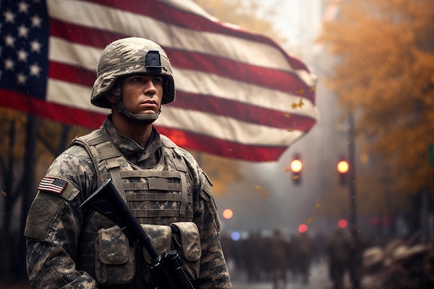 Ernsthafter Soldat in Tarnuniform vor dem Hintergrund der amerikanischen Flagge am Veteranentag
