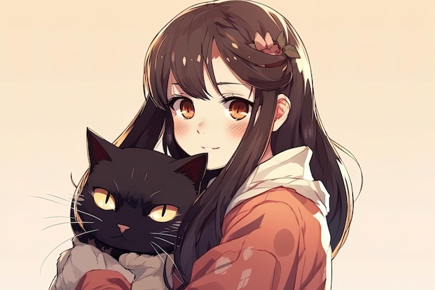 Ernsthaftes Mädchen mit dunklem Haar, das eine schwarze Katze im Anime-Stil umarmt. Generierte KI