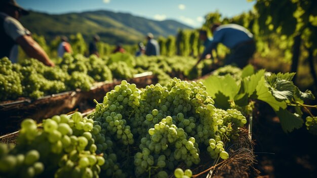 Ernte durch Arbeiter auf Weinplantagen Generative KI