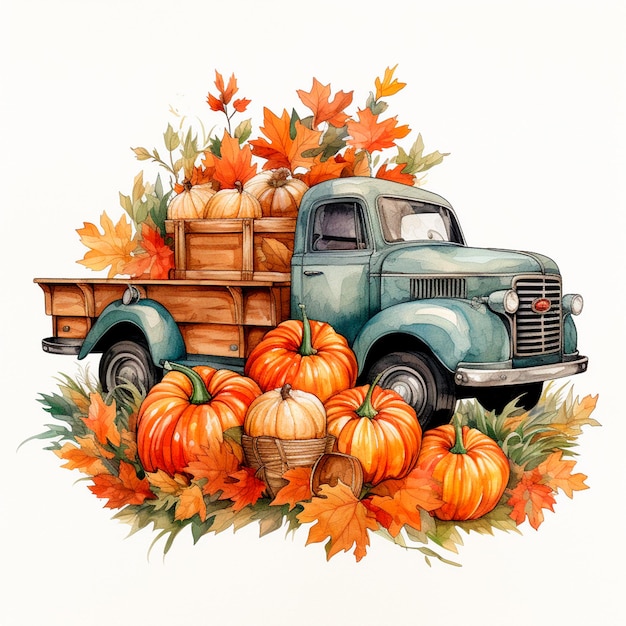 Ernte Herbst Bauernhof LKW Aquarell isolierte Illustration AI generativ