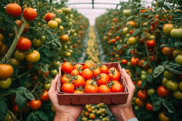 Ernte roter Tomaten in einer Gewächshauskiste mit Tomaten in handgenerativer KI