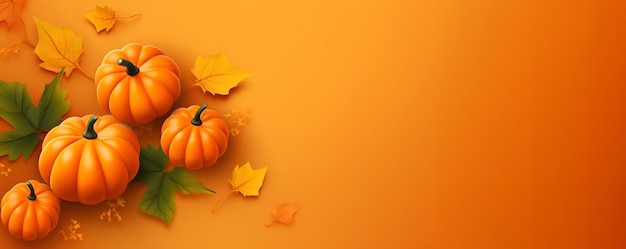 Erntedankfest-Kürbisarrangement vor orangefarbenem Pastellhintergrund. Herbstliche Komposition. Dekoration mit Kürbissen auf der Tischplatte mit Kopierraum für Text. Vorlage für Werbezwecke