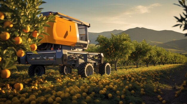 Erntemaschine pflückt Orangen auf einer Plantagen-Gartenfarm Sommererntezeit Berge im Hintergrund