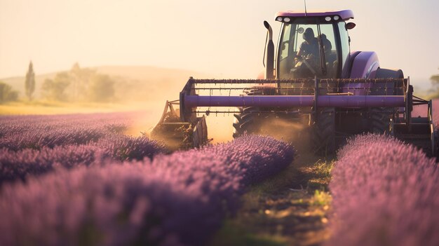 Foto erntemaschinen bei der arbeit auf einem sonnigen lavendelfeld