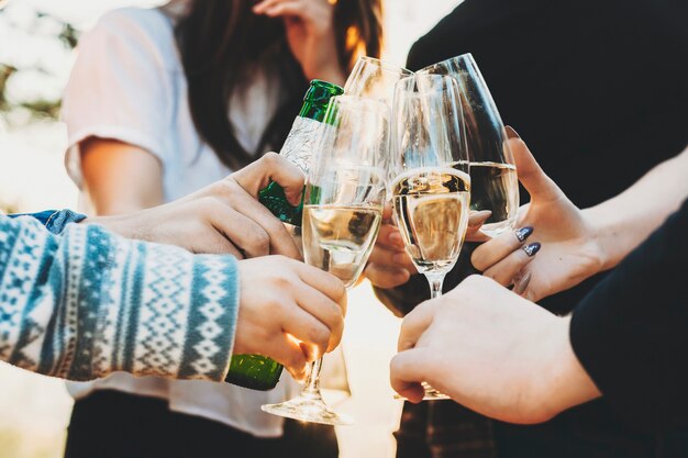 Ernten sie leute, die gläser champagner und eine flasche bier anstoßen, während sie feiertag an sonnigem tag in der natur feiern