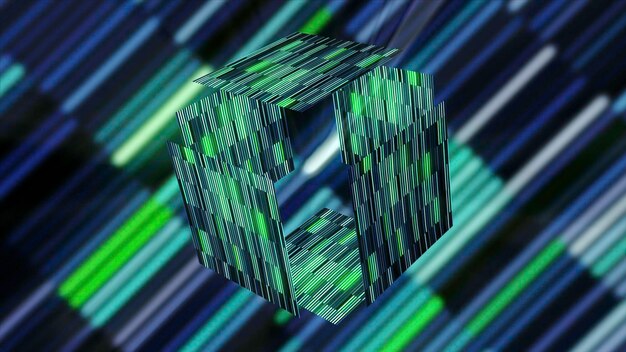 Eröffnung Geschenk im Spiel Bewegung futuristische leuchtende Schachtel für das Spiel Geschenk leuchtende gestreifte Würfel öffnet sich in