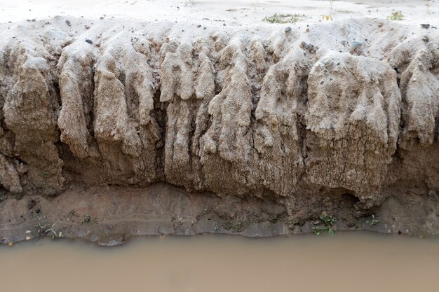 Erosão do solo, formação de ravinas em um campo devido ao escoamento da água da chuva, deslizamentos de areia, problemas ecológicos.