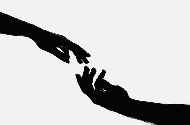 Erreichung berührende Hände Erreichung Hand sinnliche Berührung Fingern Zwei Hände versuchen zu berühren Adam Zeichen Menschliche Beziehung Gemeinsamkeit Hände von Mann und Frau reichen sich gegenseitig die Hand versucht zu berühren