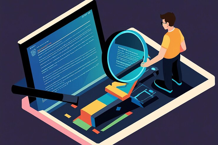 Foto error de escaneo de ampliación isométrica plana 3d en el código de programación