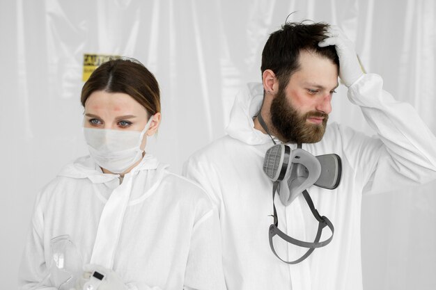 Erschöpfte ärzte oder krankenschwestern, die schutzmaskenuniform tragen.